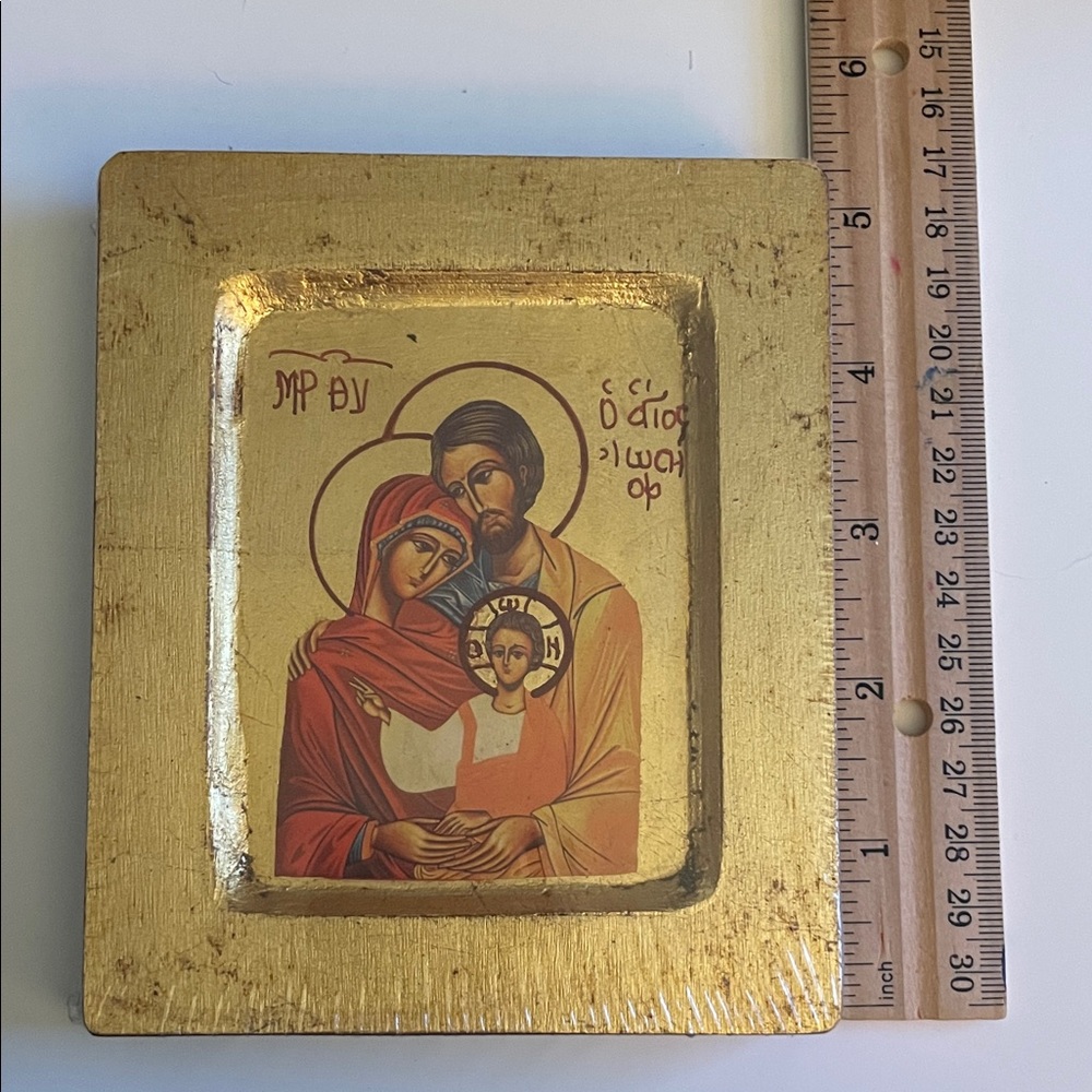 Gold Framed Religious Icon with Red and Cream Figures - Picture 5 of 10